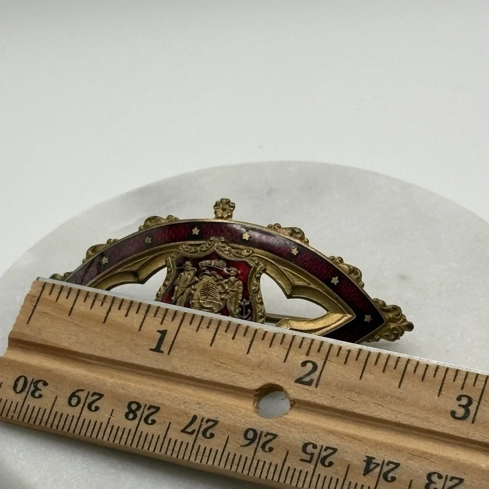 Antique Victorian Sash Pin Guilloche Enamel Pin Brooch Maine Coat of Arms